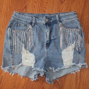 Mid Rise Ripped Stretchy Jeans Frayed Raw Hem Casual Tassels Denim Shorts - Sz M